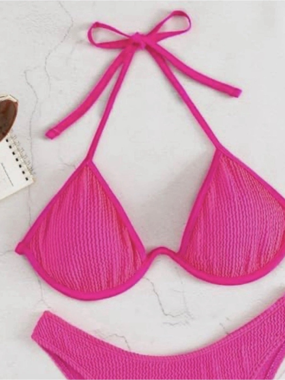 SHEIN Bright Pink Textured Triangle Bikini Top